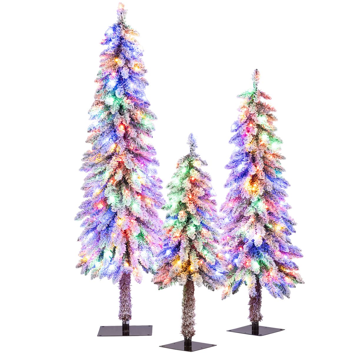 Set of 3  Pre-Lit Snow-Flocked Artificial Christmas Trees - Mulitcolor