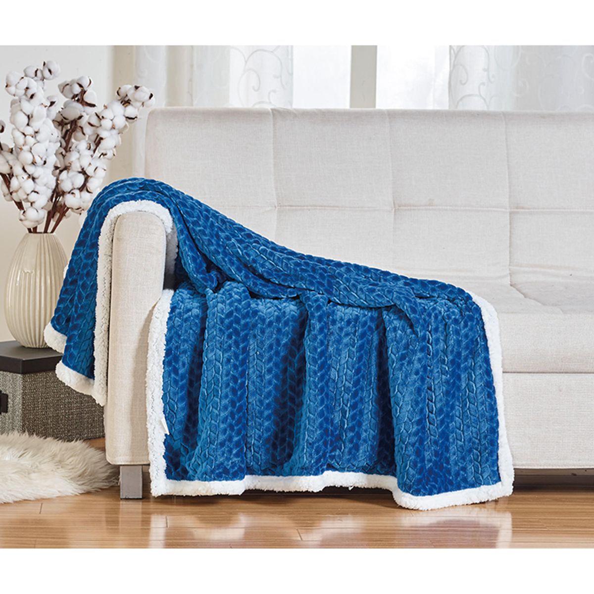 Sheradian Reversible Braid-Pattern Sherpa Throw Blanket - Blue