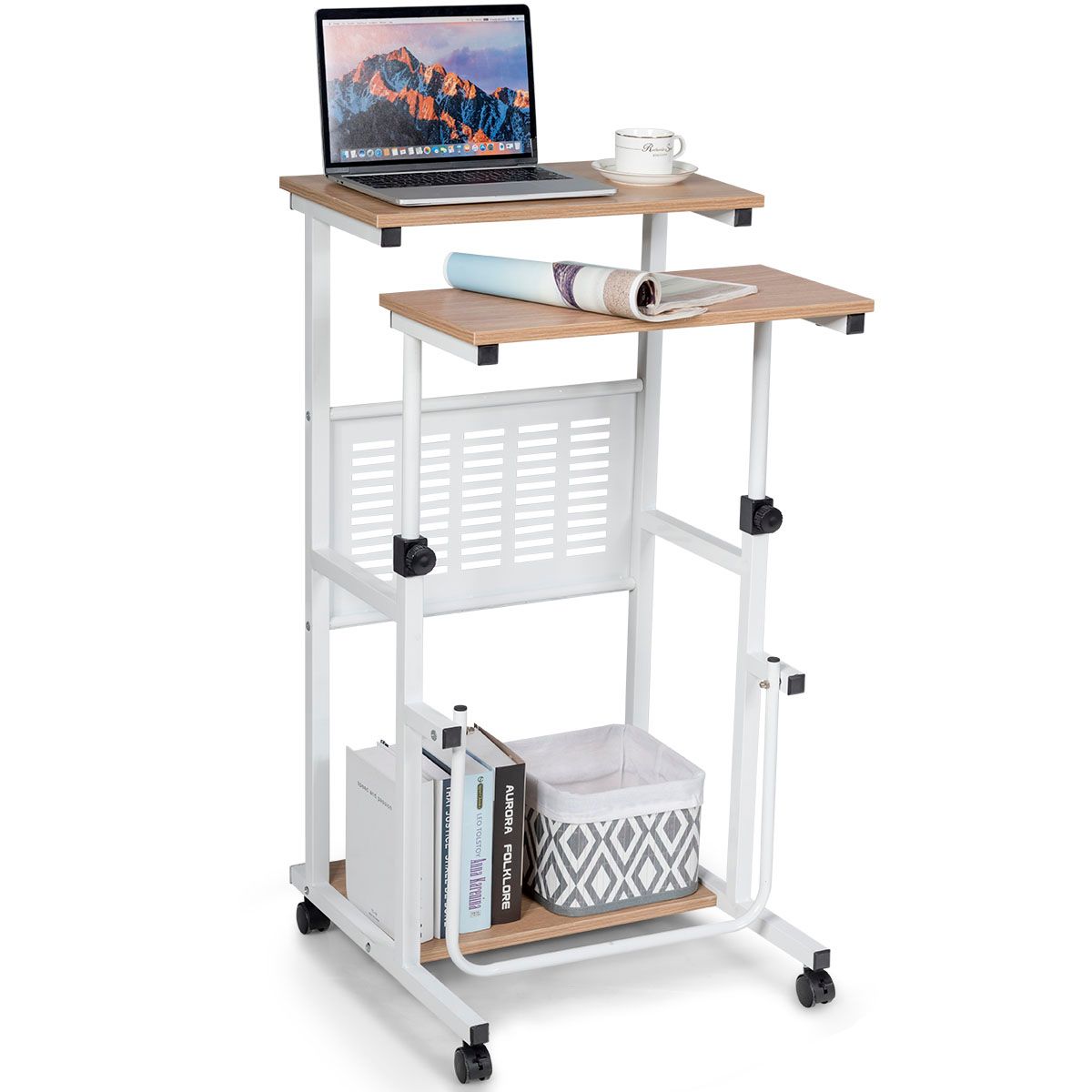 Adjustable Wheeled Standing Desk with Protective Mesh Panels - Natural