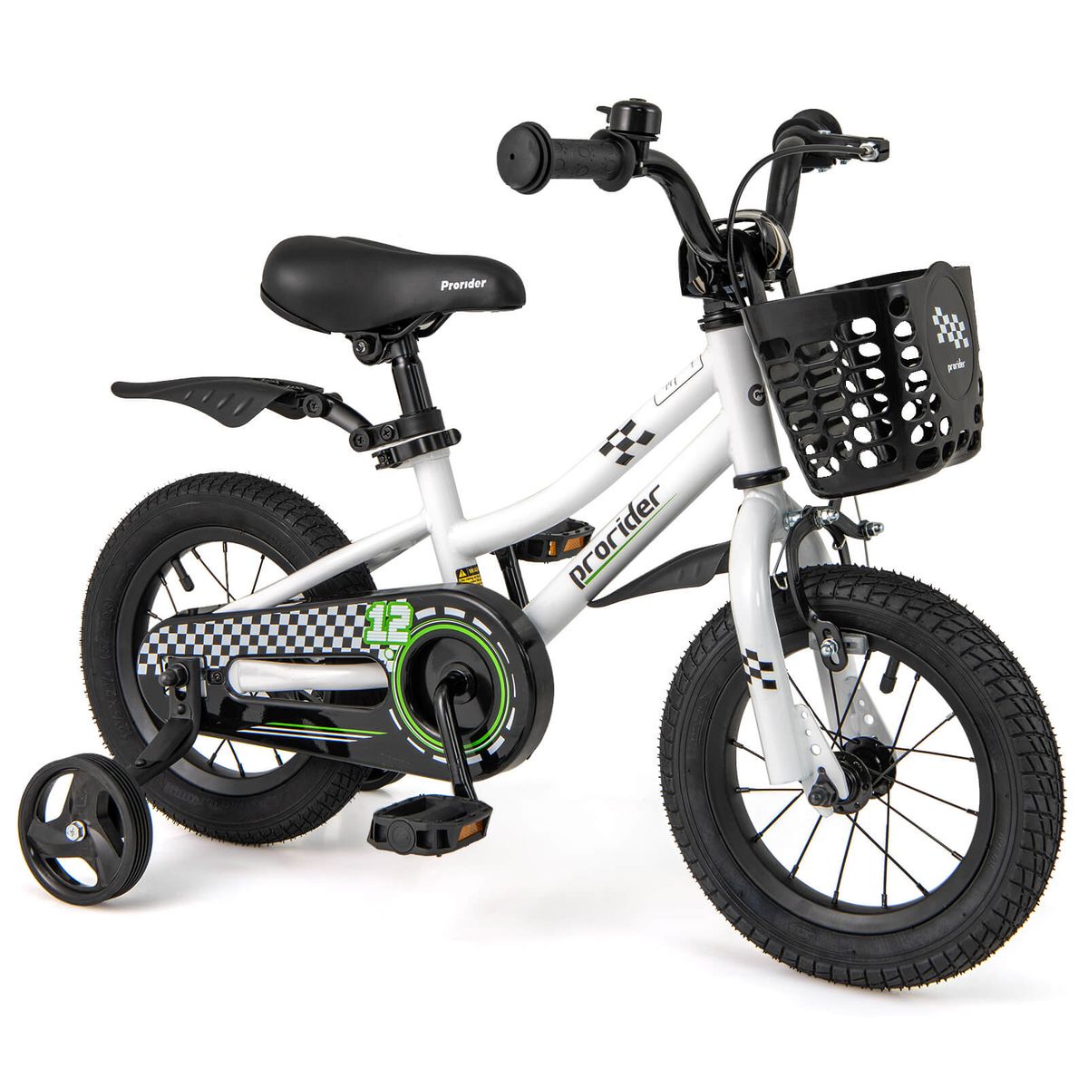 Kid's Bike with Removable Training Wheels and Basket - White-12"
