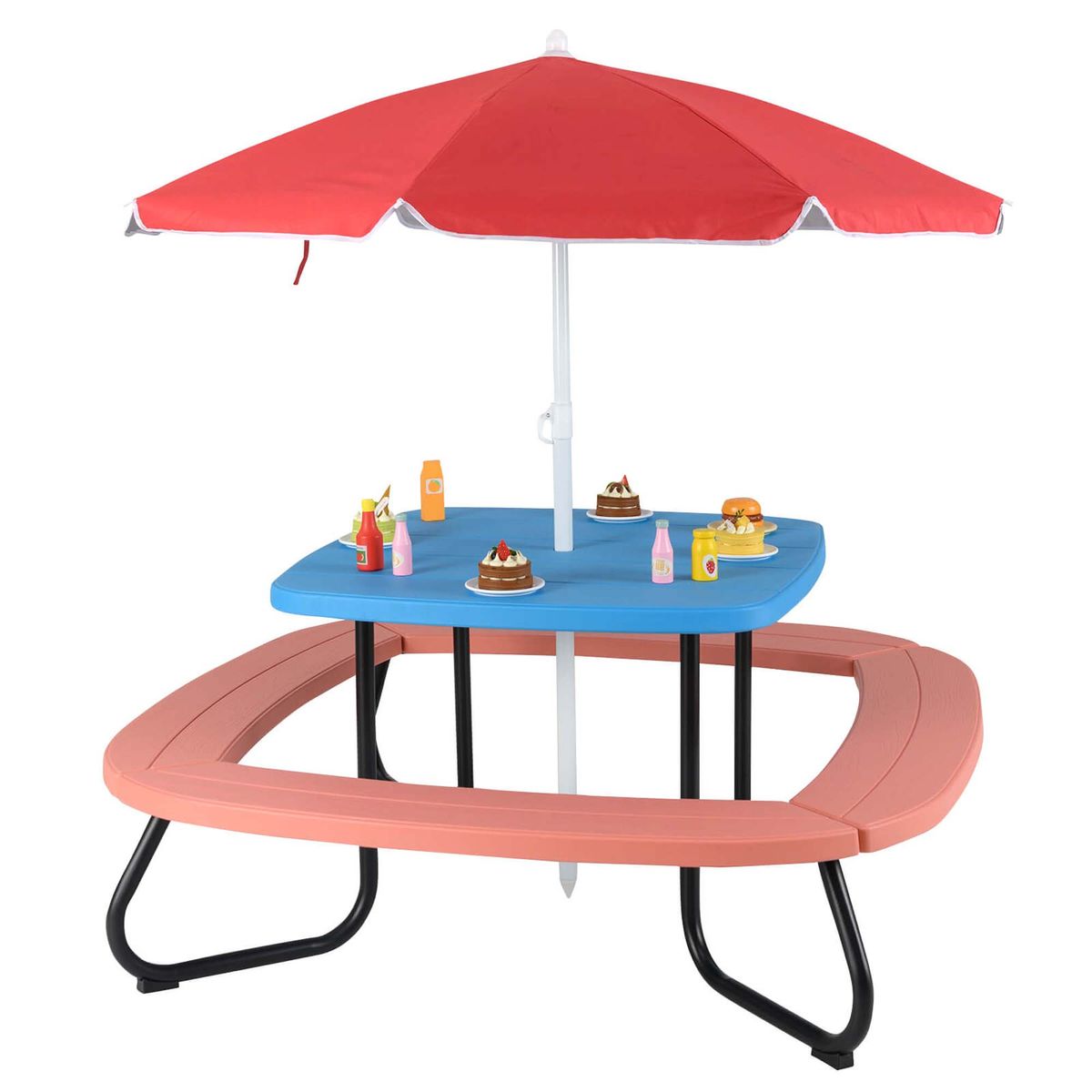 Kids Outdoor Picnic Table with Adjustable and Foldable Umbrella - Table Blue+Umbrella Red