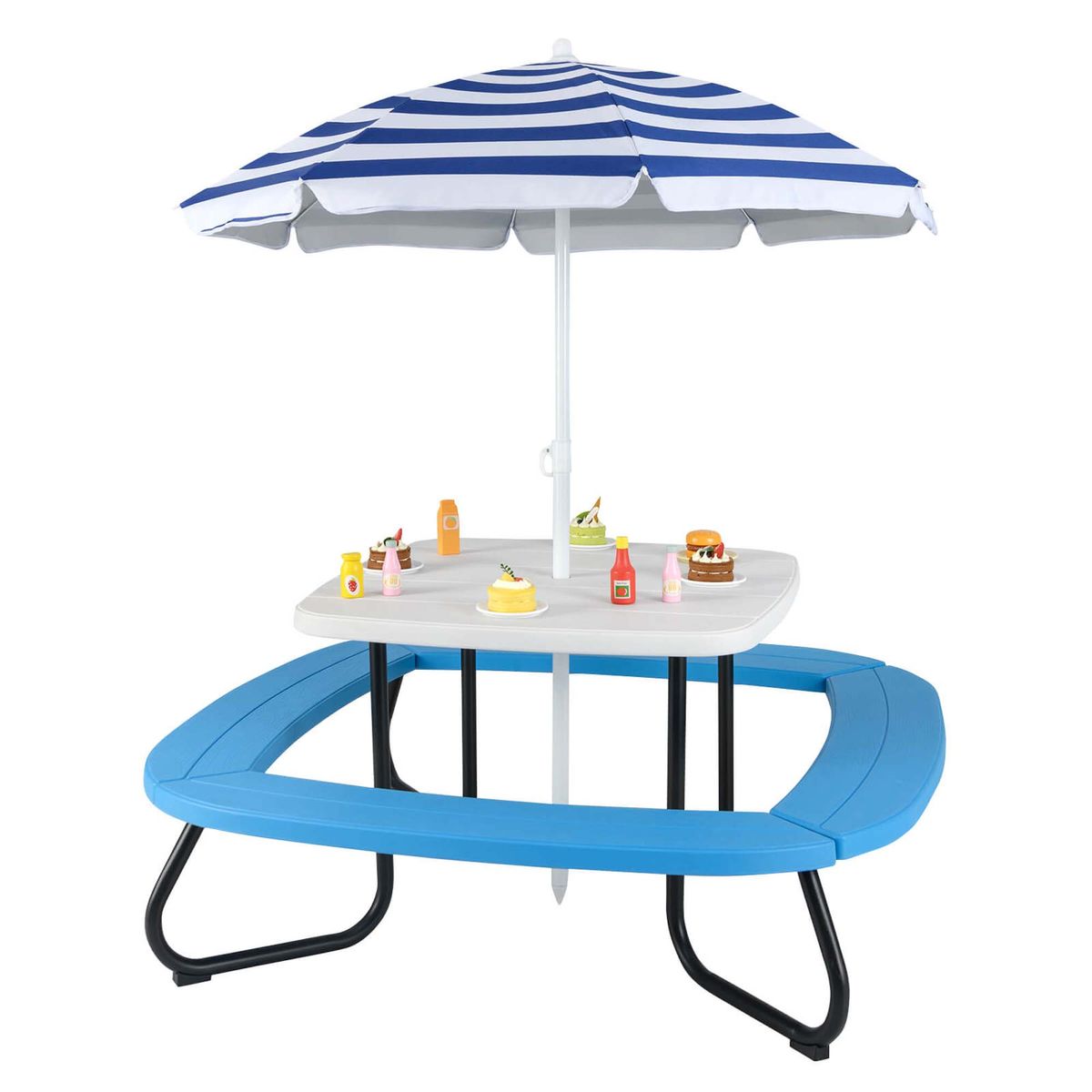 Kids Outdoor Picnic Table with Adjustable and Foldable Umbrella - Table White+Umbrella Blue Stripes
