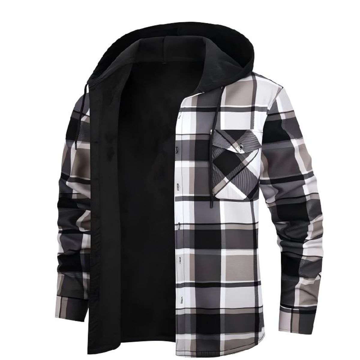 Men's Classic Plaid Hooded Jacket - Black,S