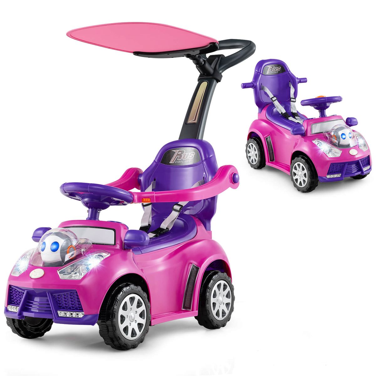 3-in-1 Push Car with Adjustable Canopy and Hidden Storage Space - Pink