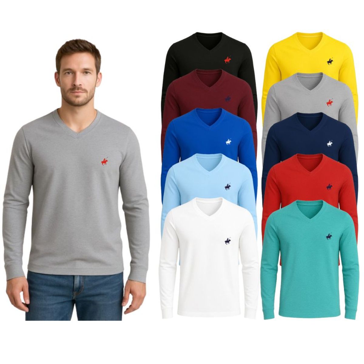 Men's Cotton Long Sleeve V-Neck (4-Pack) - Large