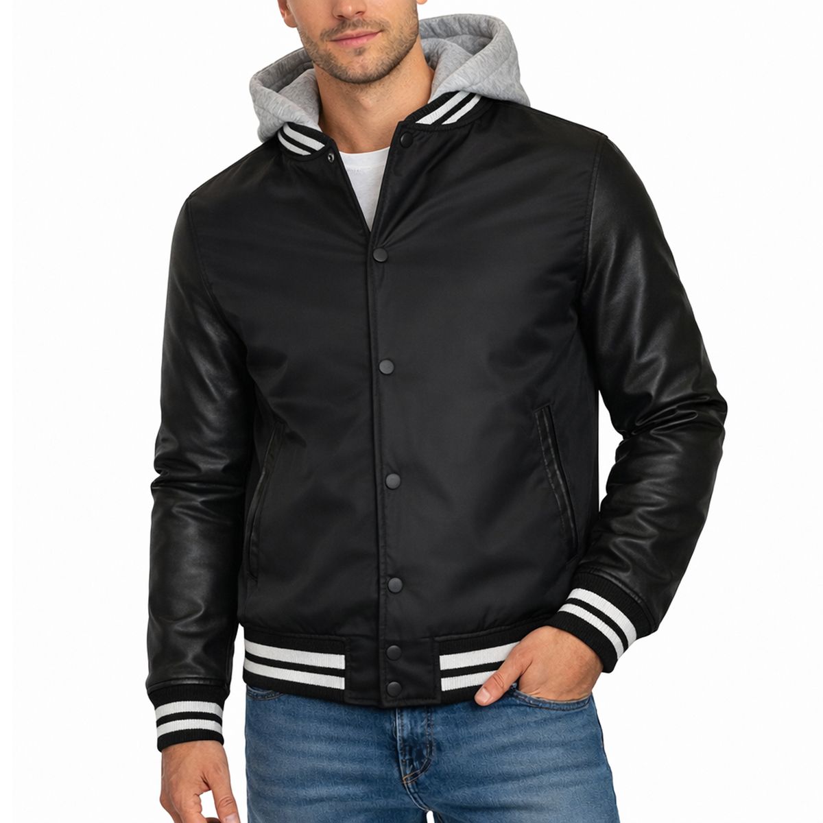 Men's Hooded Varsity Jacket with Detachable Hood - M/A16 - BK/BK - 3XL
