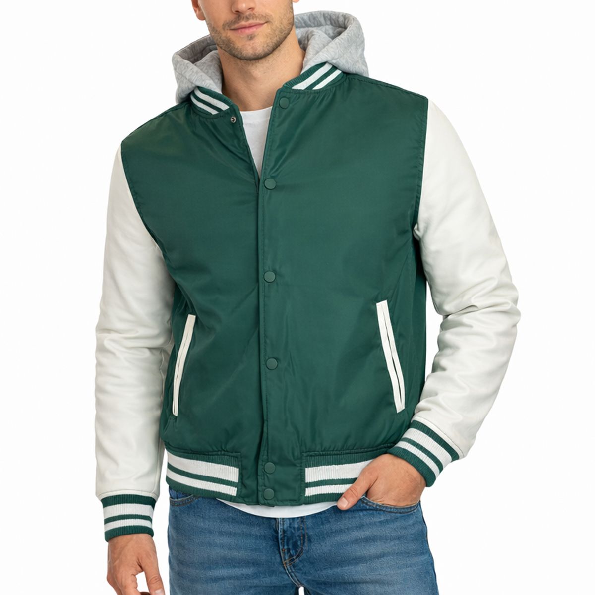 Men's Hooded Varsity Jacket with Detachable Hood - M/A16 - GR/WH - XL
