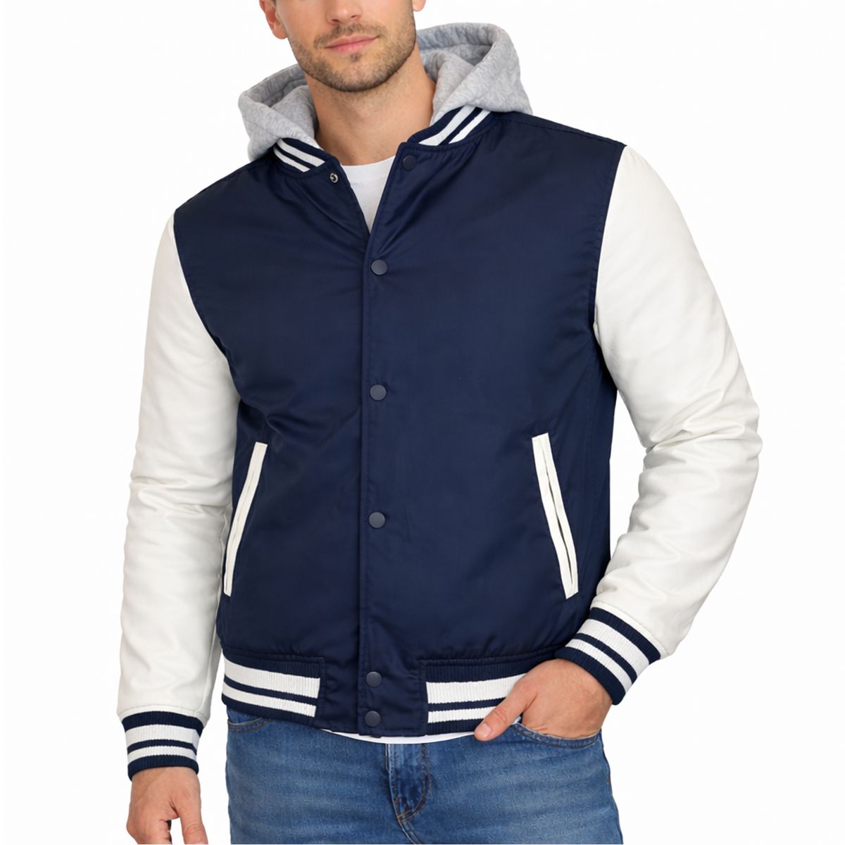 Men's Hooded Varsity Jacket with Detachable Hood - M/A16 - NV/WH - M