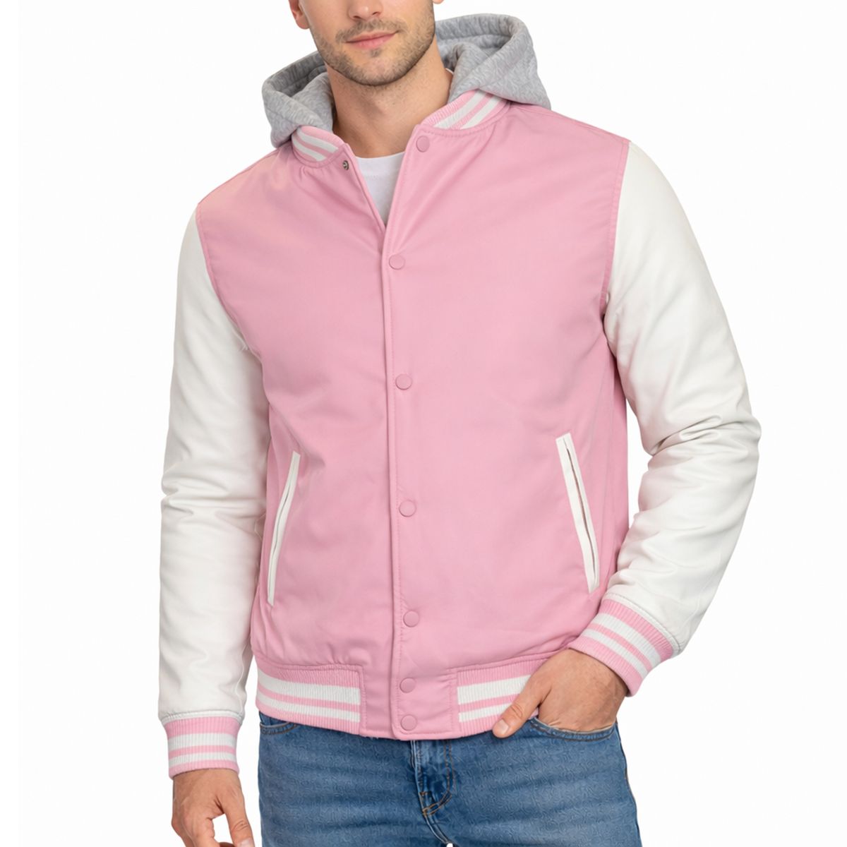 Men's Hooded Varsity Jacket with Detachable Hood - M/A16 - PK/WH - 2XL