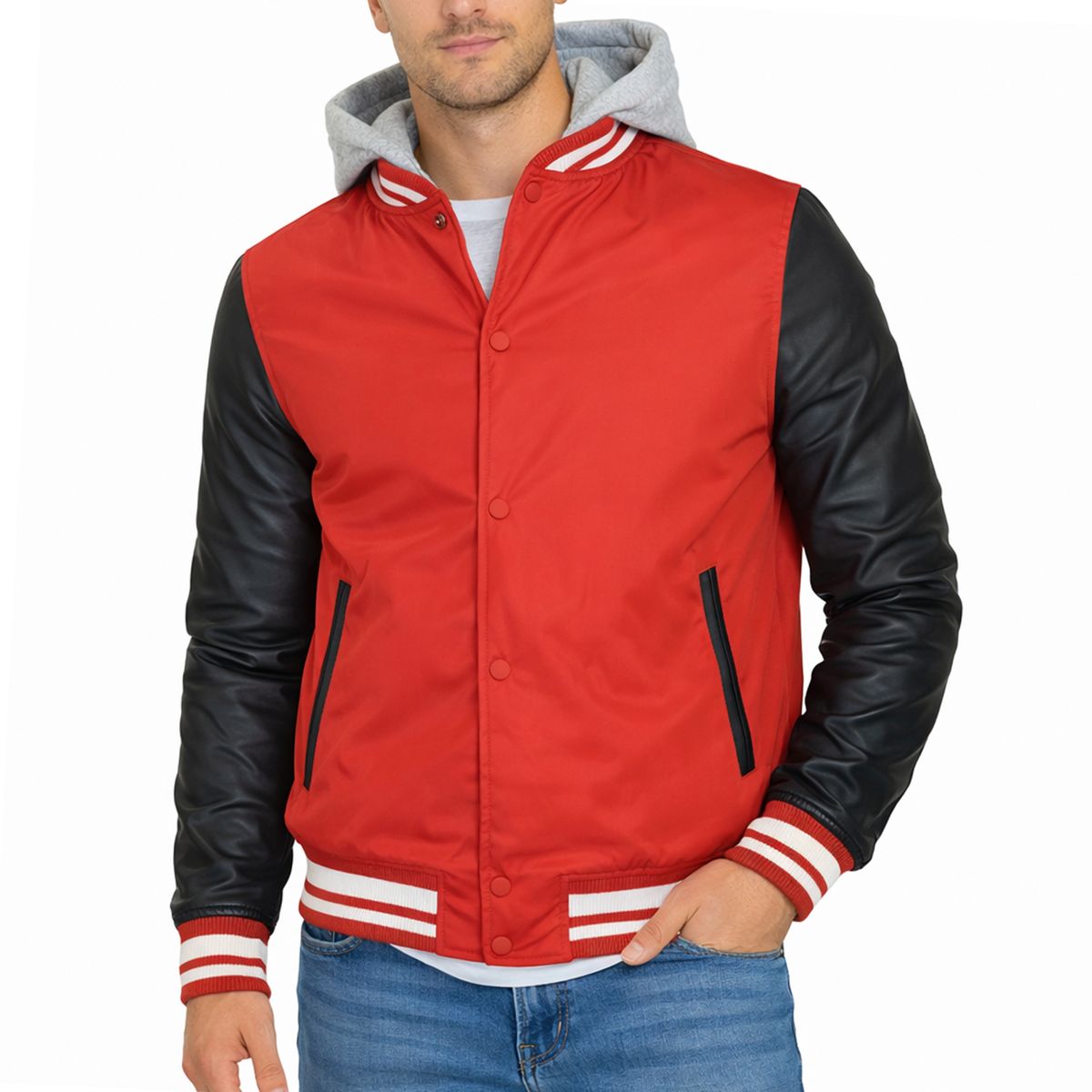 Men's Hooded Varsity Jacket with Detachable Hood - M/A16 - RD/BK - 2XL
