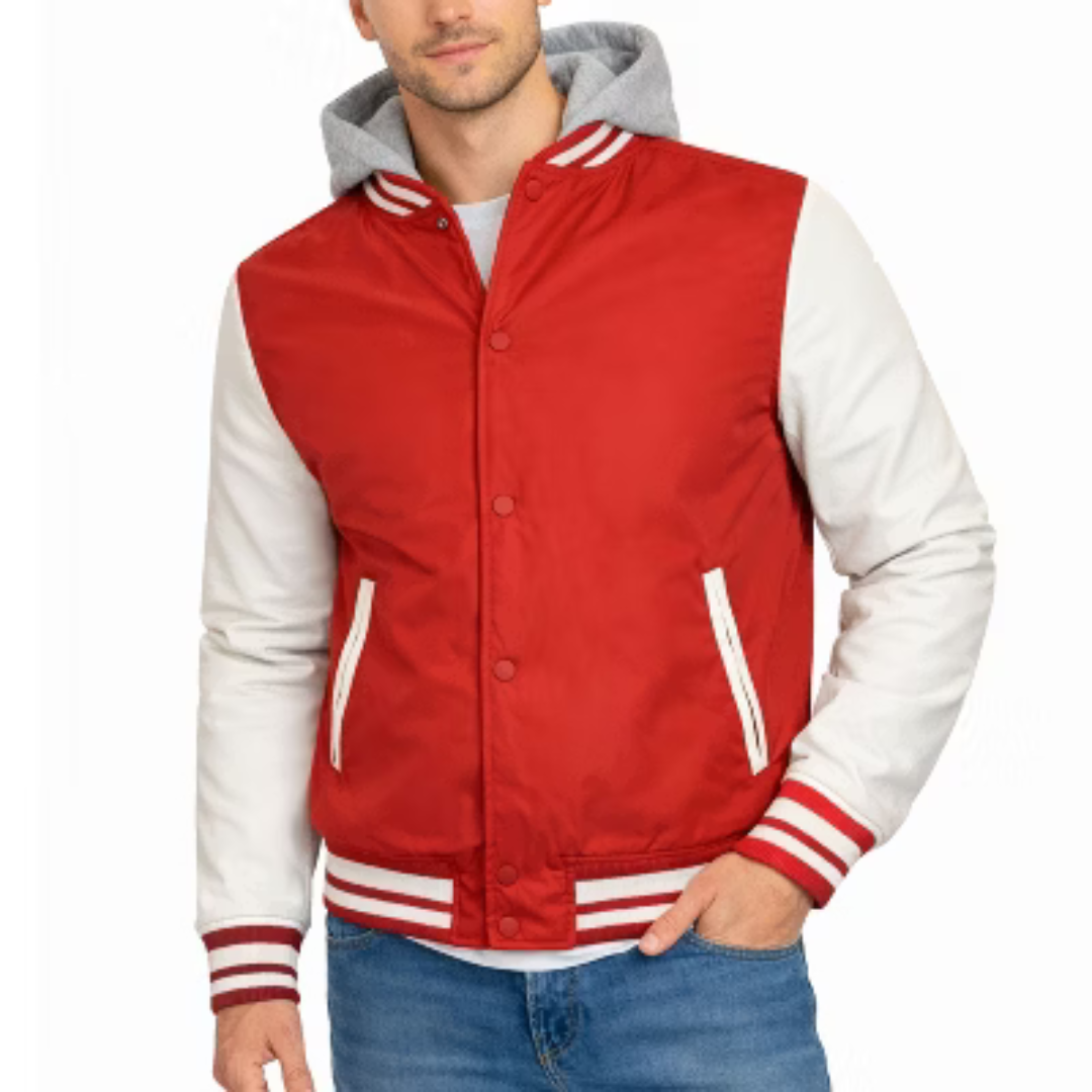 Men's Hooded Varsity Jacket with Detachable Hood - M/A16 - RD/WH - XL