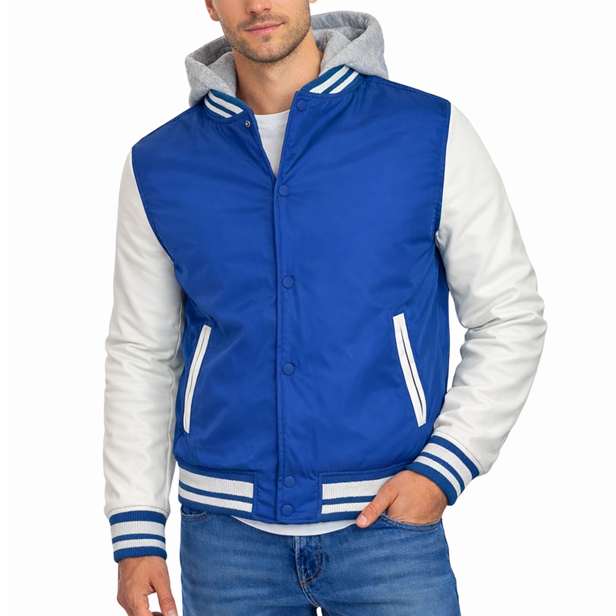 Men's Hooded Varsity Jacket with Detachable Hood - M/A16 - RY/WH - S
