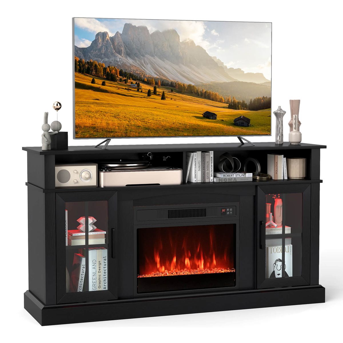 58" Fireplace TV Stand with Realistic LED Flames - Black