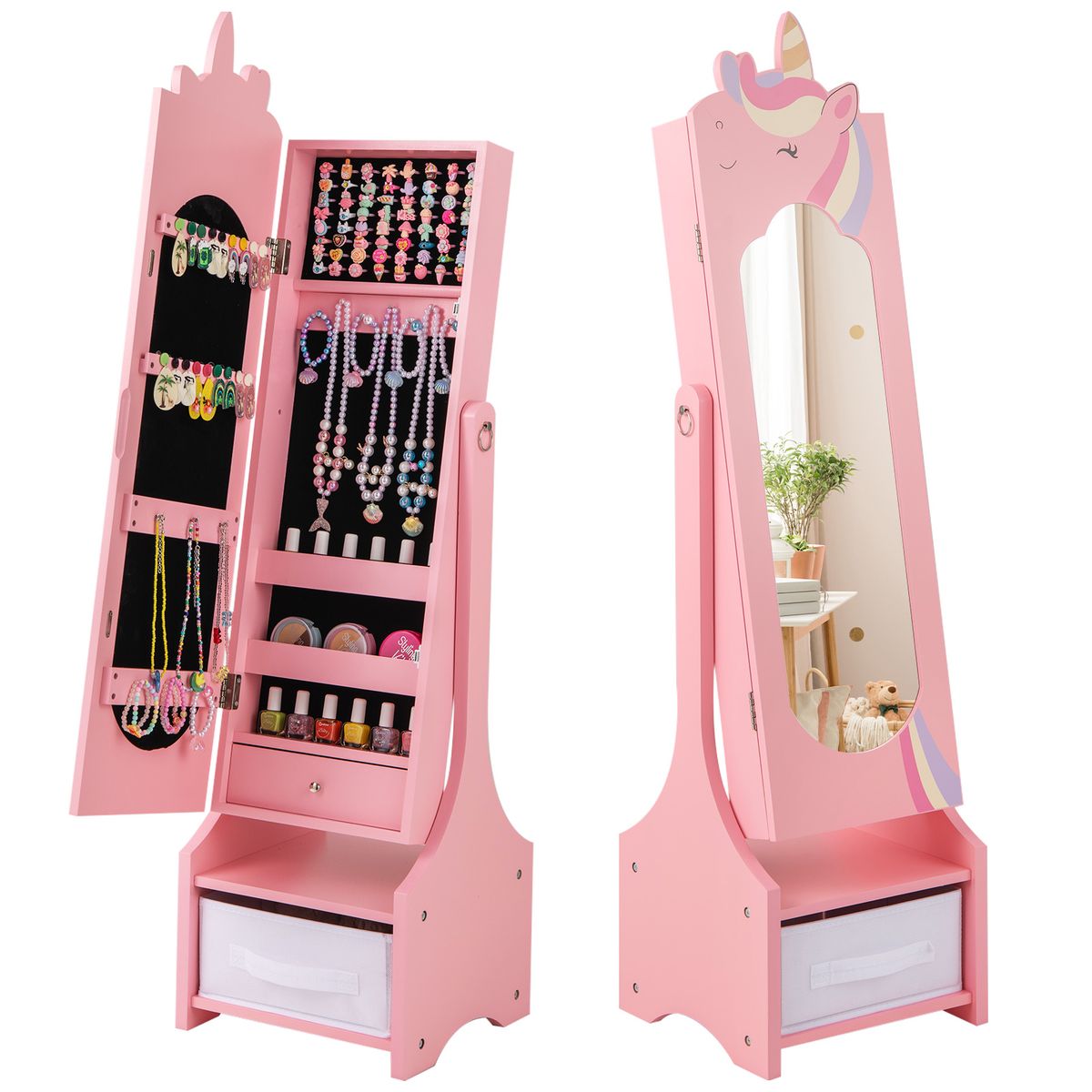 Kids Tilt-Angle Jewelry Cabinet with Full-Length Mirror - Pink