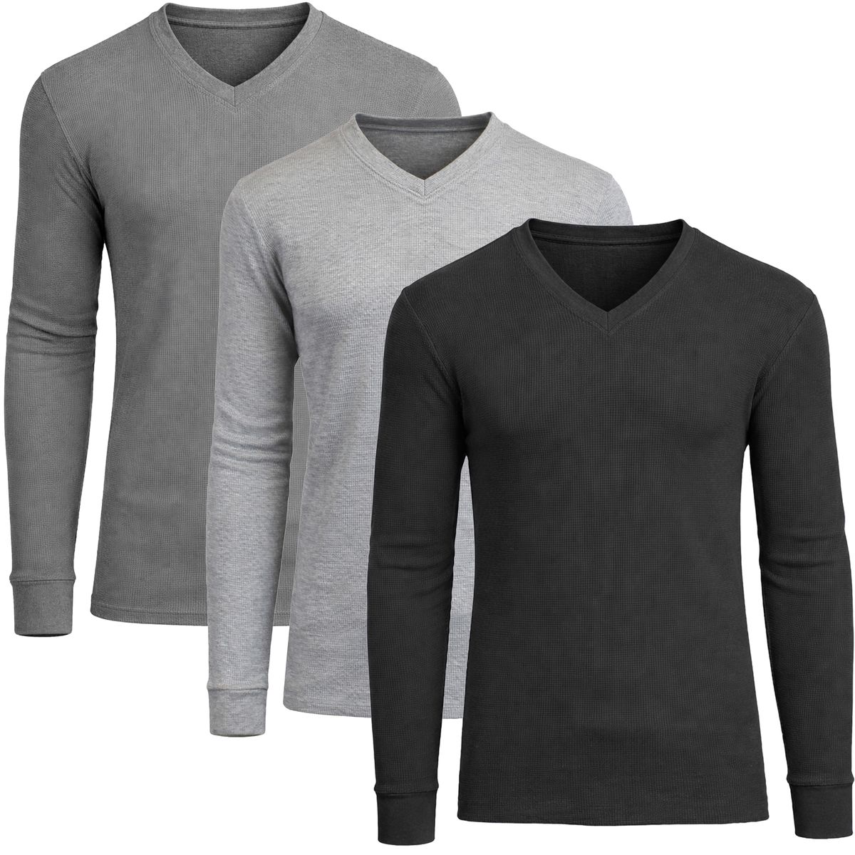 Men&rsquo;s Long Sleeve V-Neck Waffle Knit Thermal Shirt (3-Pack) - MVTH-6875-BK-CH-HG - S