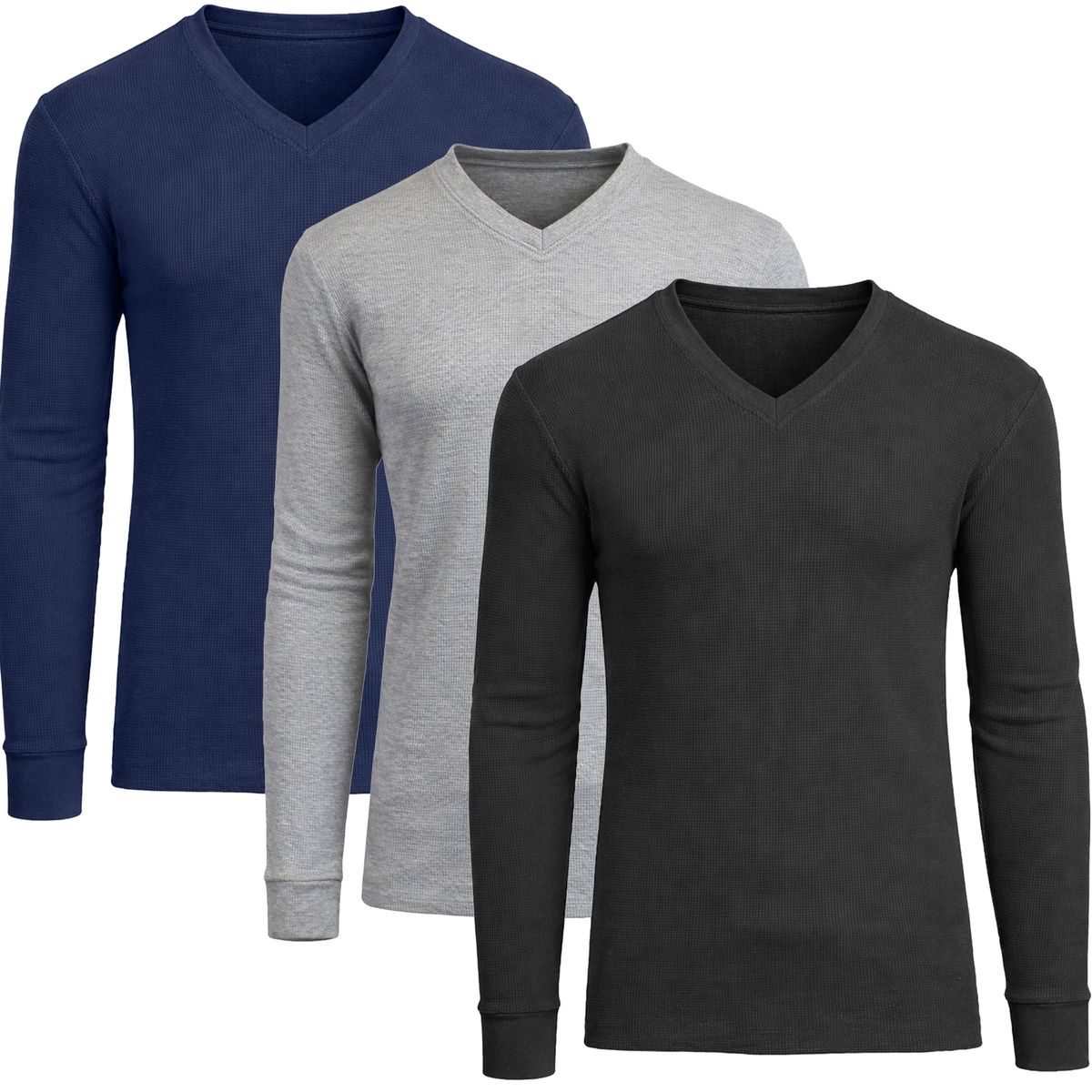 Men&rsquo;s Long Sleeve V-Neck Waffle Knit Thermal Shirt (3-Pack) - MVTH-6875-BK-NV-HG - L