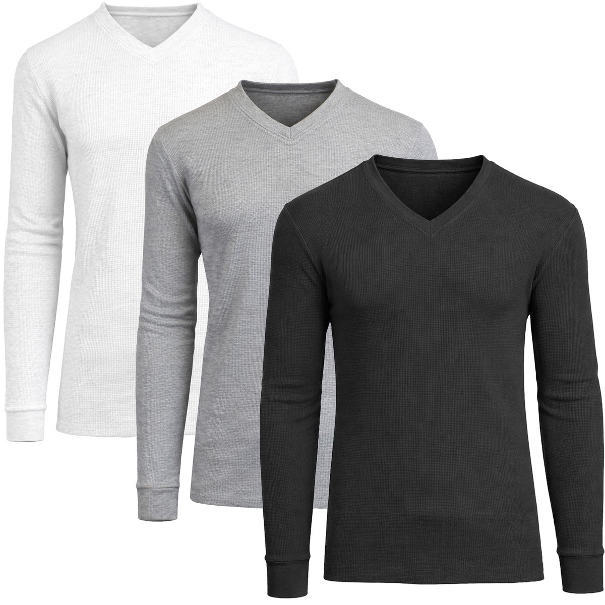 Men&rsquo;s Long Sleeve V-Neck Waffle Knit Thermal Shirt (3-Pack) - MVTH-6875-BK-WH-HG - M