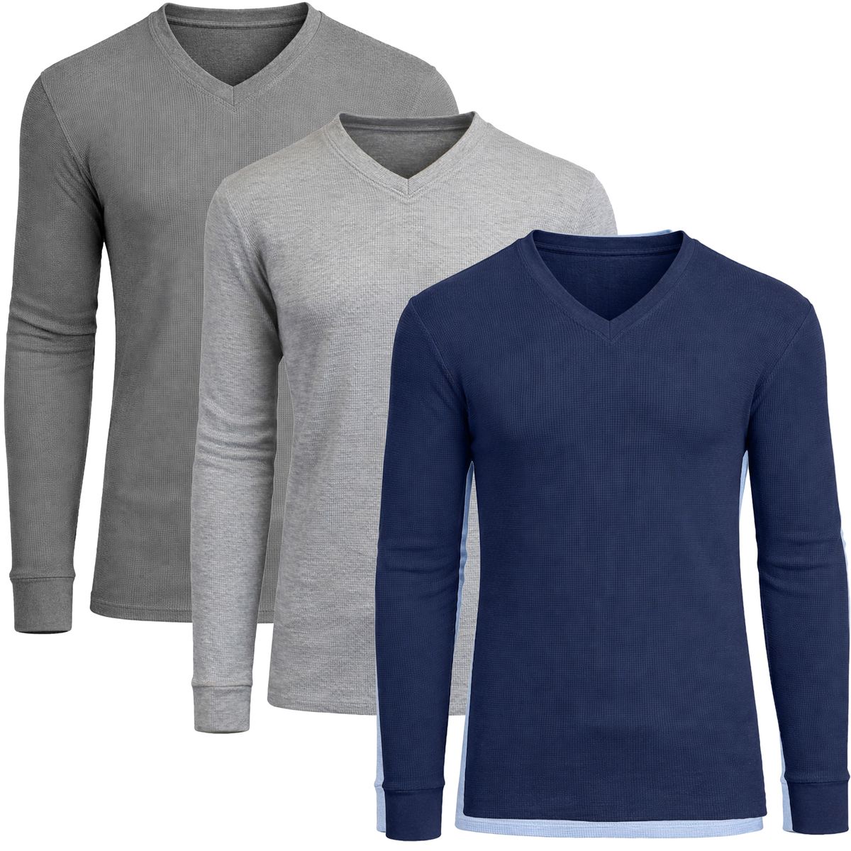 Men&rsquo;s Long Sleeve V-Neck Waffle Knit Thermal Shirt (3-Pack) - MVTH-6875-CH-HG-NV - S