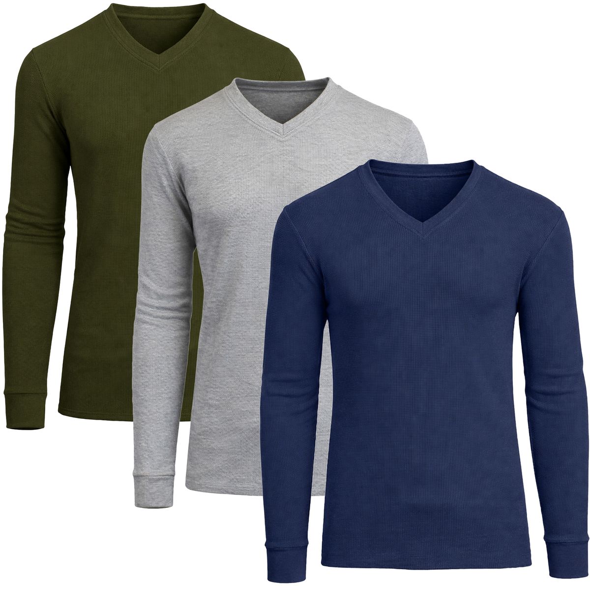 Men&rsquo;s Long Sleeve V-Neck Waffle Knit Thermal Shirt (3-Pack) - MVTH-6875-NV-OL-HG - 2XL