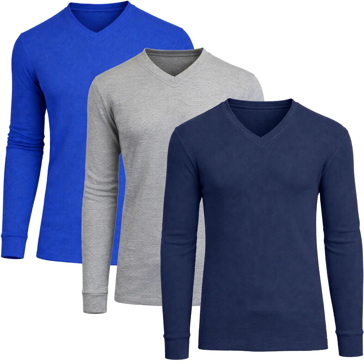 Men&rsquo;s Long Sleeve V-Neck Waffle Knit Thermal Shirt (3-Pack) - MVTH-6875-NV-RY-HG - L