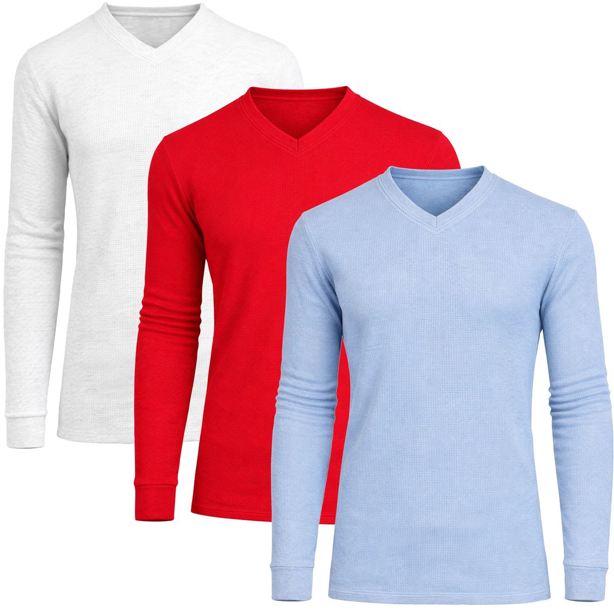 Men&rsquo;s Long Sleeve V-Neck Waffle Knit Thermal Shirt (3-Pack) - MVTH-6875-SB-RD-WH - 2XL