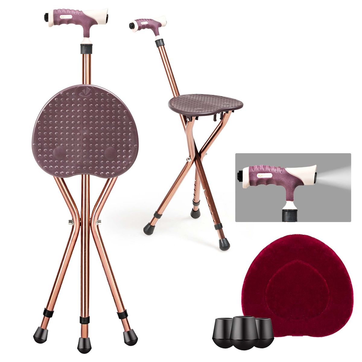 Lightweight Adjustable Folding Cane Seat with Light - Brown