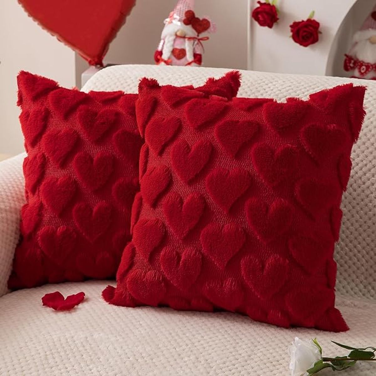 Heart Faux Fur Jacquard Throw Pillow Cover (2-Pack) - Red-2 pack