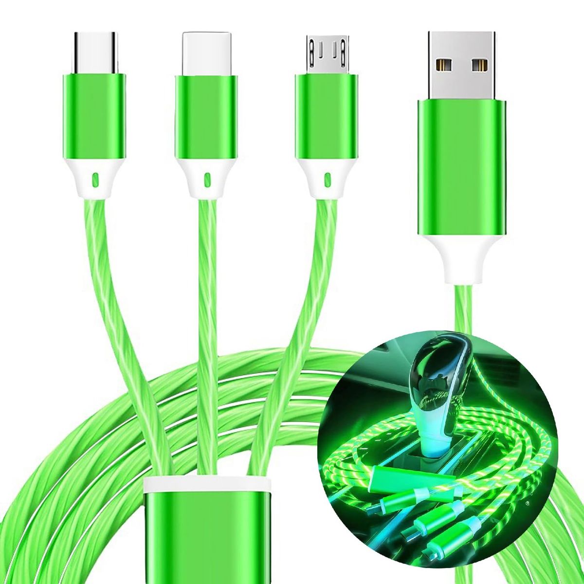 3 in 1 LED Flowing Luminous Fast Charging Cable (3.3ft) - Green- 1-Pack
