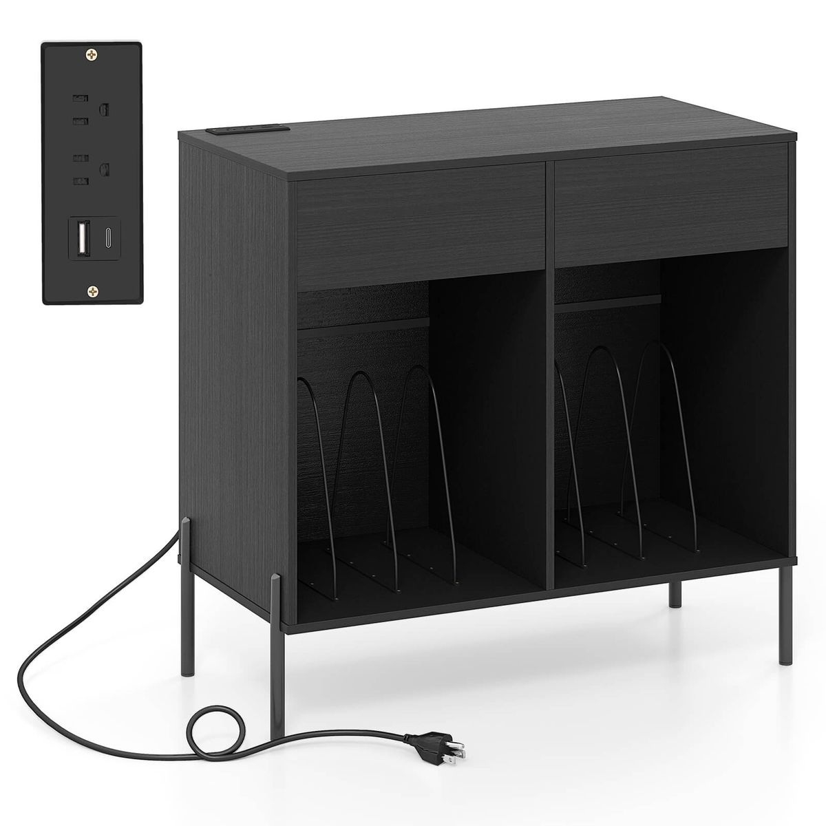 Large Record Player Stand Charging Station - Black