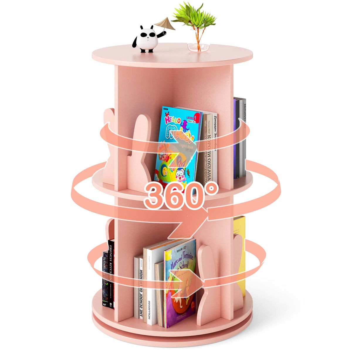 2-Tier Kids Freestanding Rotating Bookshelf with 360° Revolving Display - Pink