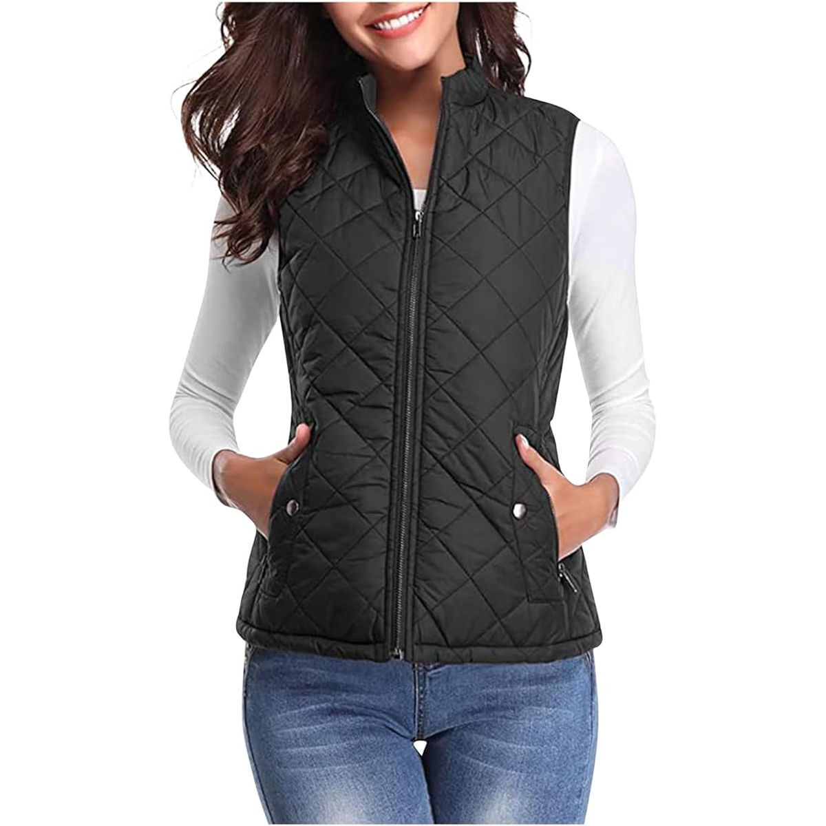Women's Zip-Up Quilted Vest - Black-XXL