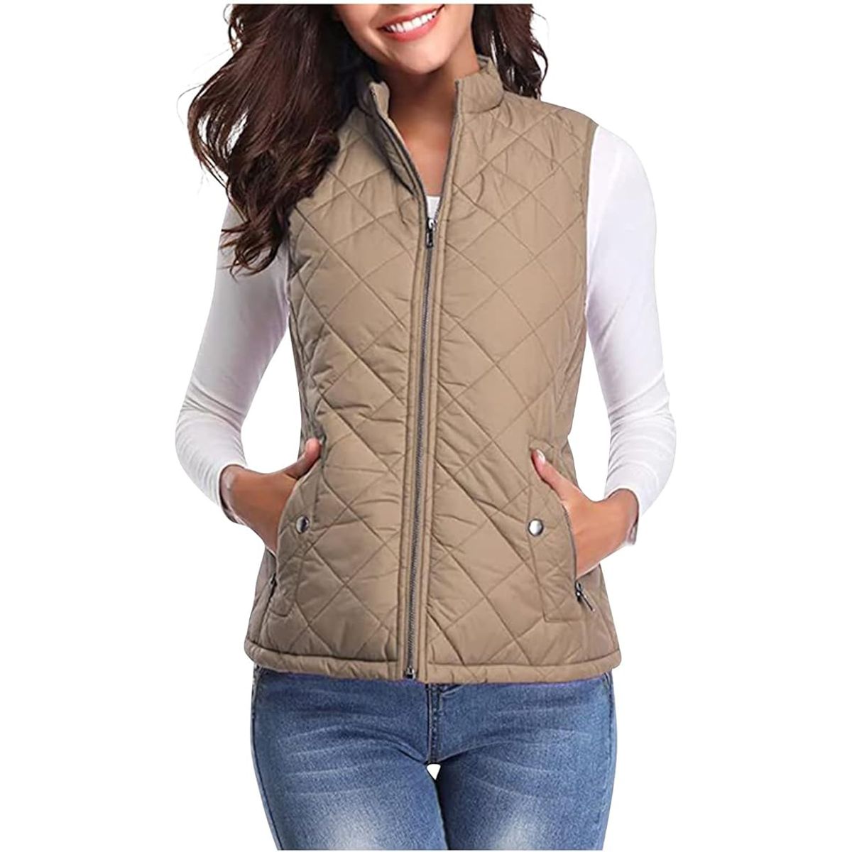 Women's Zip-Up Quilted Vest - Khaki-M