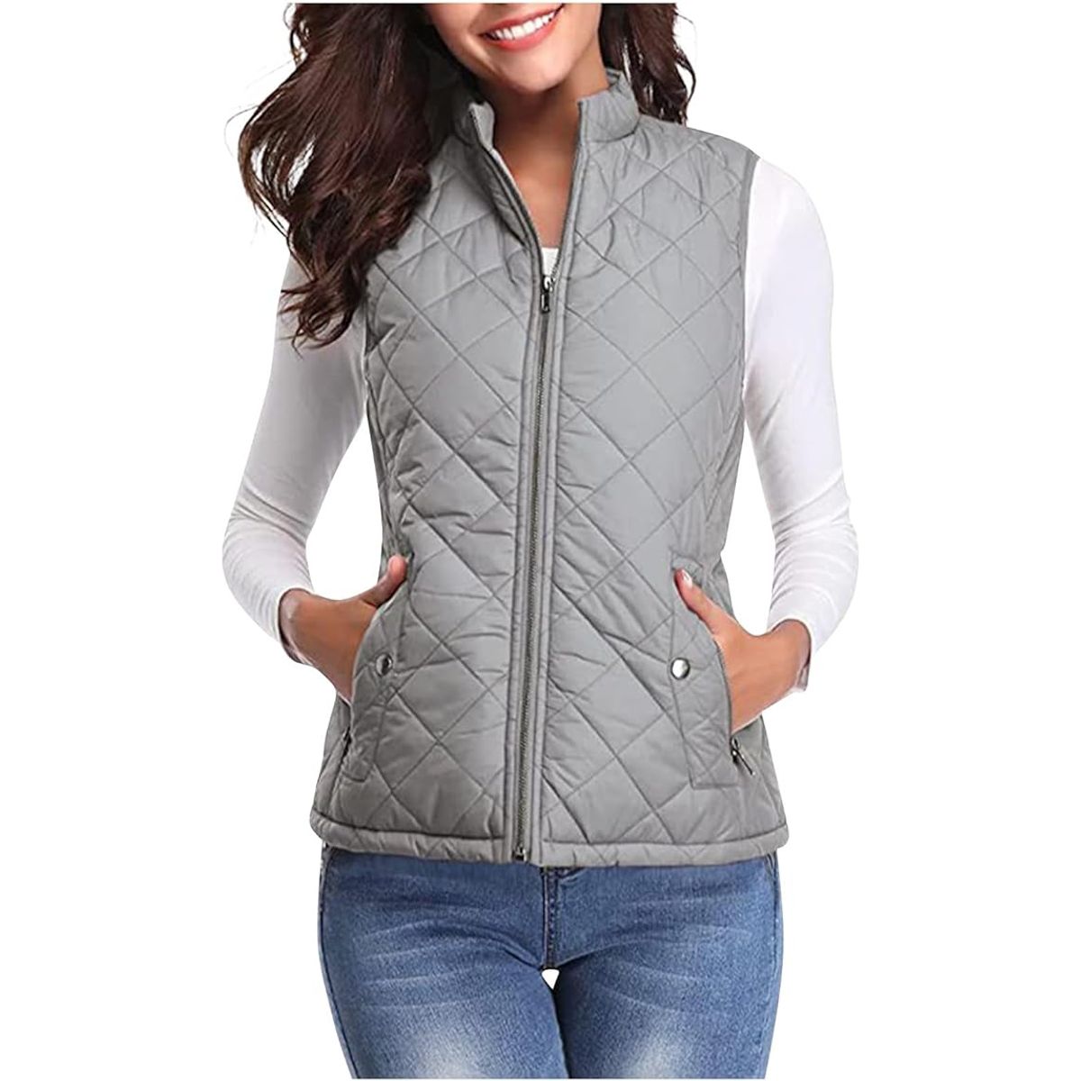 Women's Zip-Up Quilted Vest - Grey-XXL