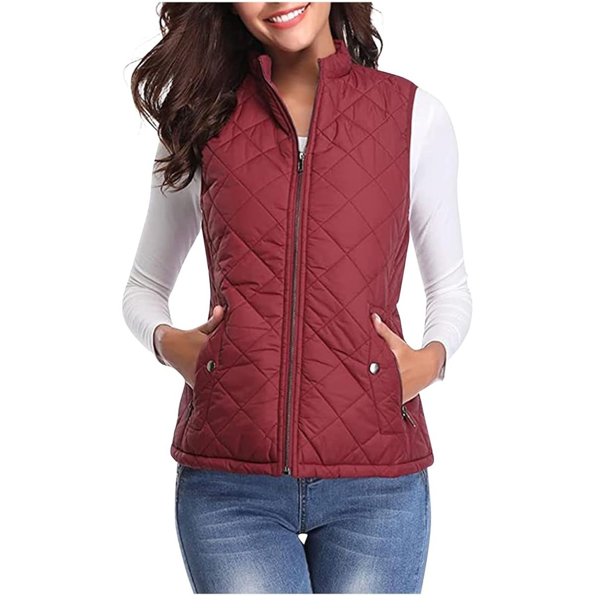 Women's Zip-Up Quilted Vest - Red-XXL