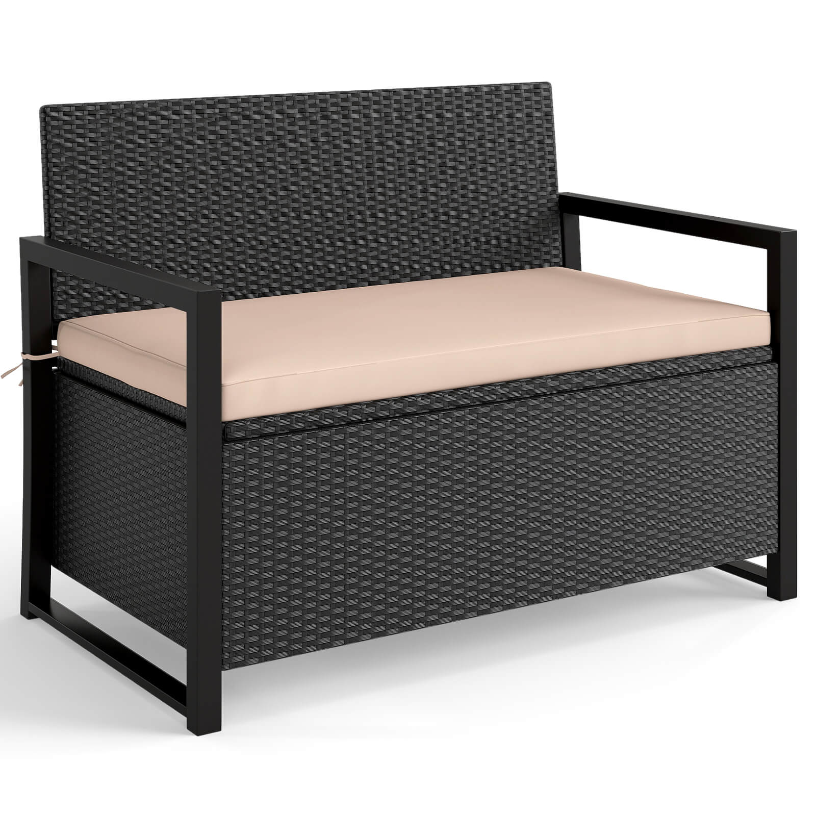 Rattan Loveseat with Inclined Backrest and Under-Seat Storage - Black