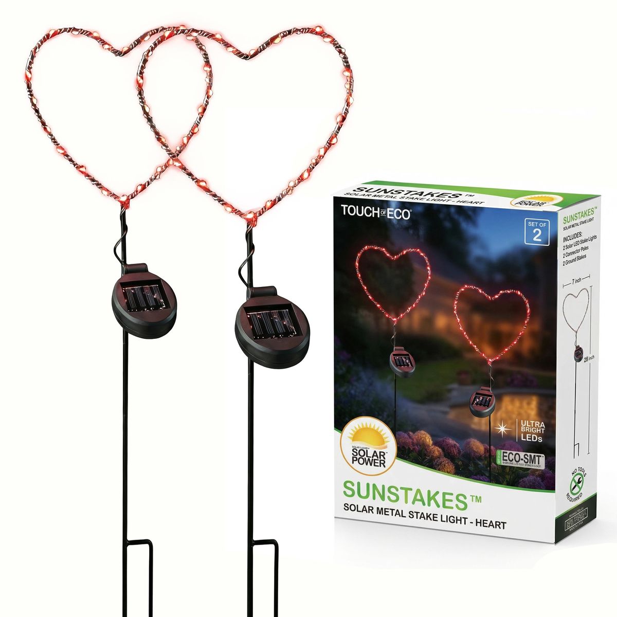 Solar Powered LED Garden Stake Light (Set of 2) - Red Heart Stake Light