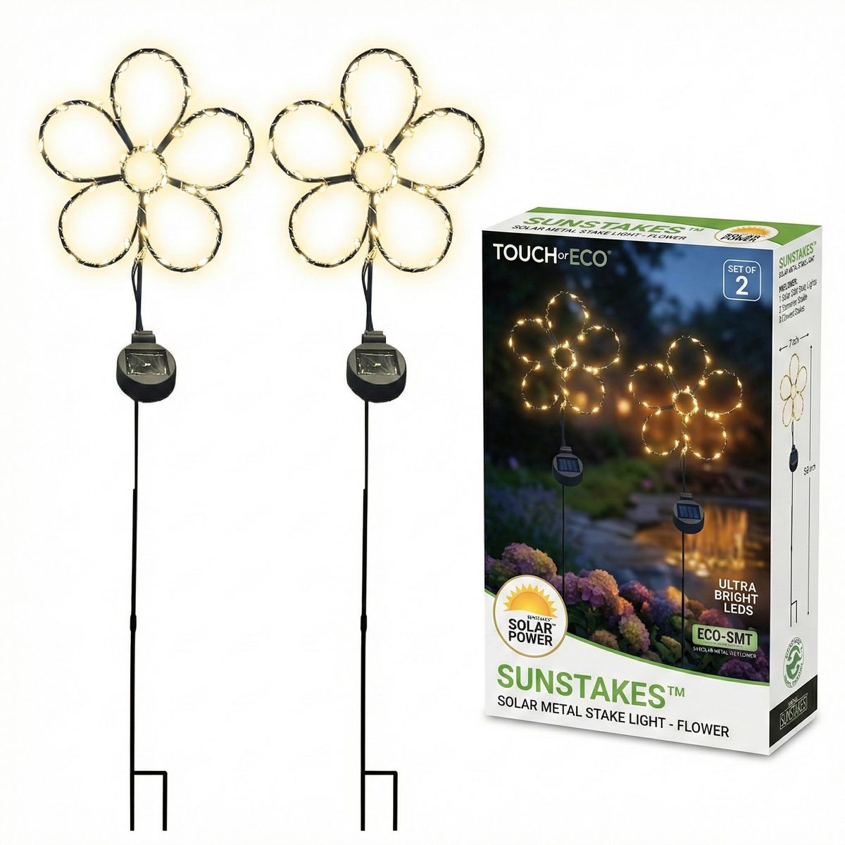 Solar Powered LED Garden Stake Light (Set of 2) - White Flower Stake Light