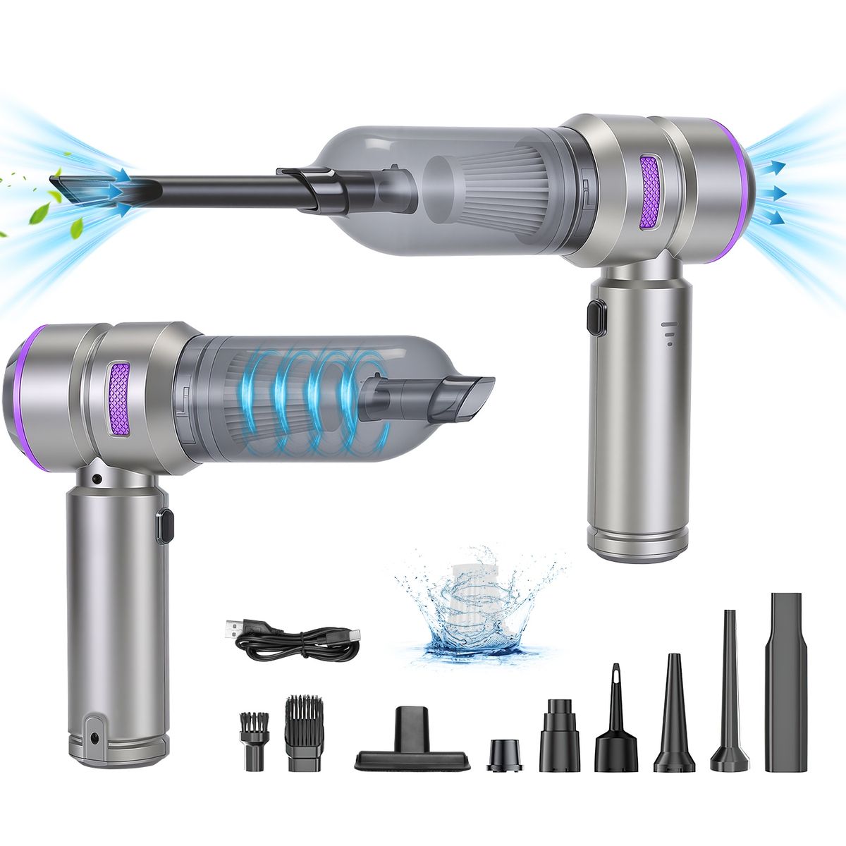 4-in-1 Cordless Handheld Car Vacuum Cleaner & Air Duster - Silver & Purple