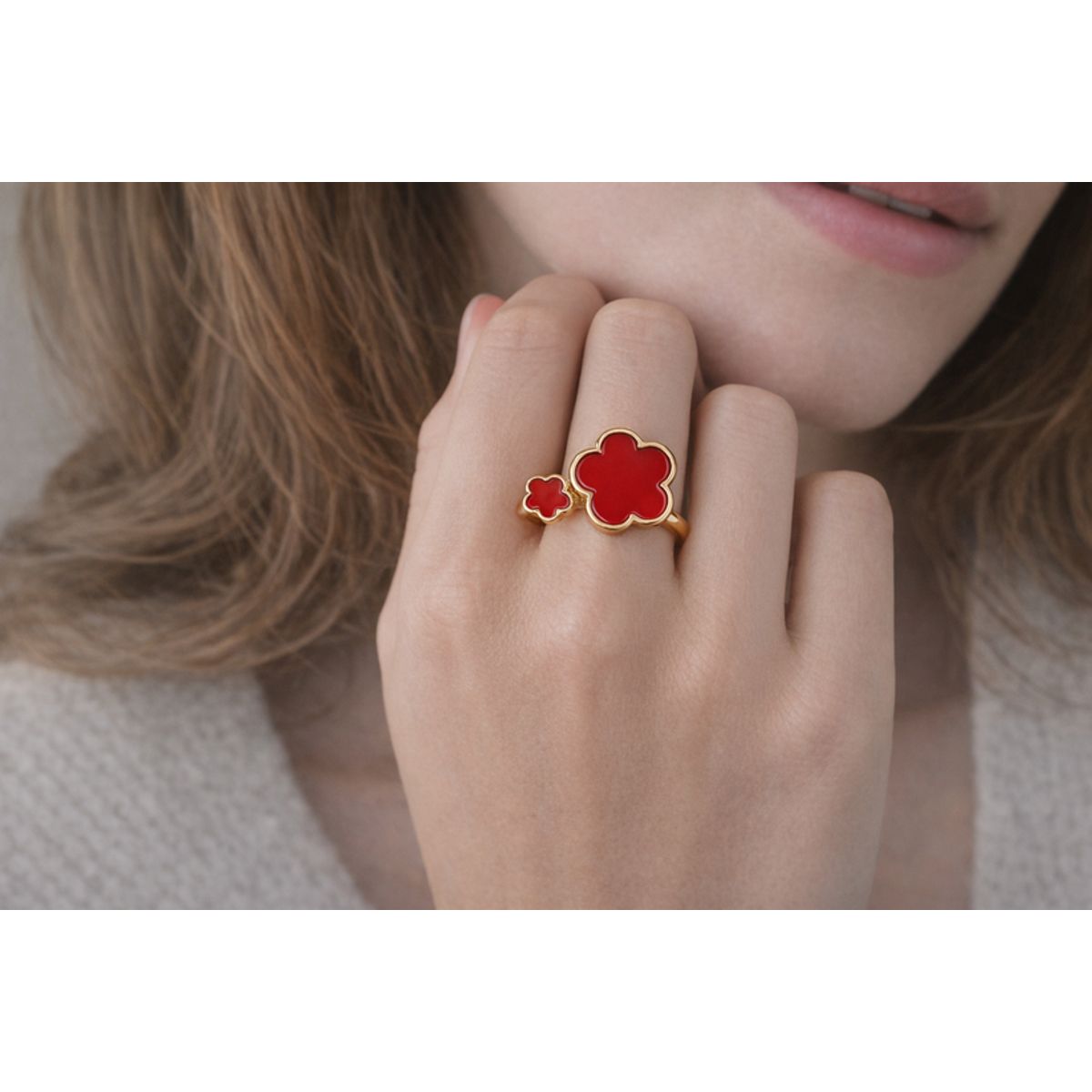 18K Gold Plated Adjustable Flower Ring - clover ring Red