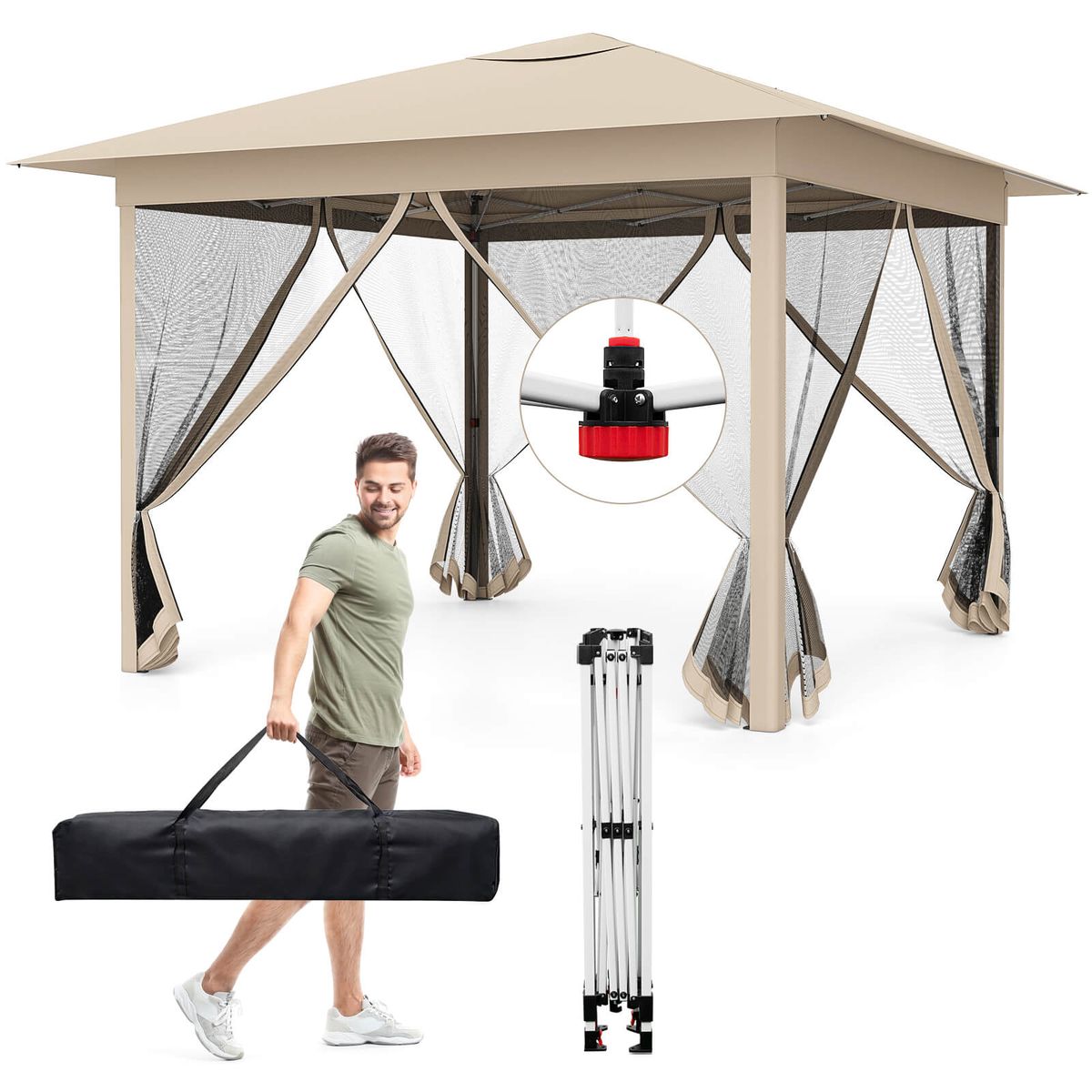 Easy Pop-up Canopy with Mesh Screen Netting - Beige