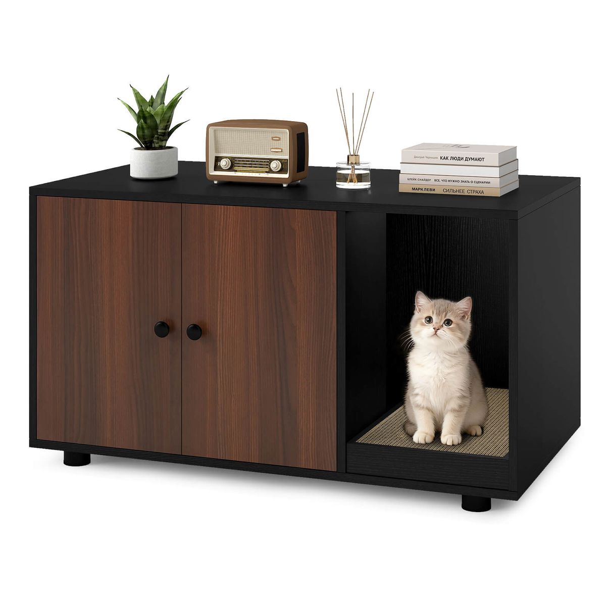 Wooden Cat Litter Box Enclosure with Scratching Board - Black