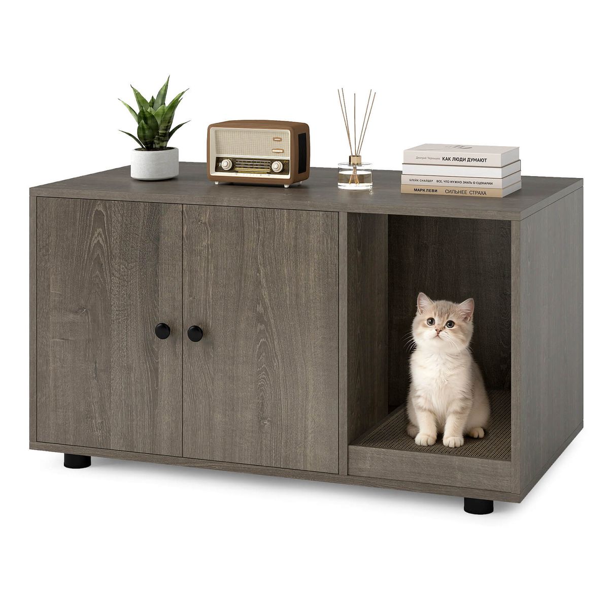 Wooden Cat Litter Box Enclosure with Scratching Board - Oak