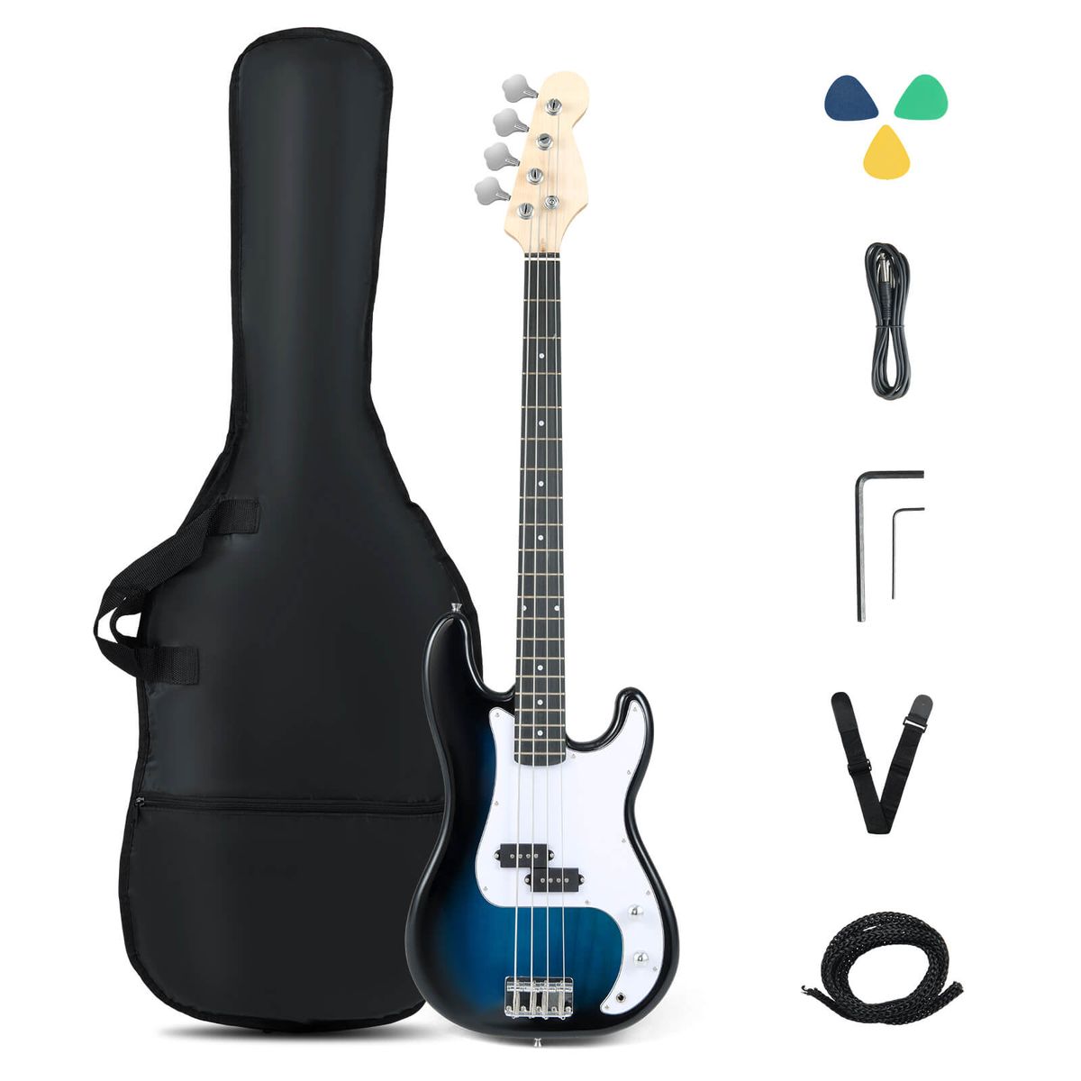 Electric Bass Guitar with Double Pickups - Blue + White