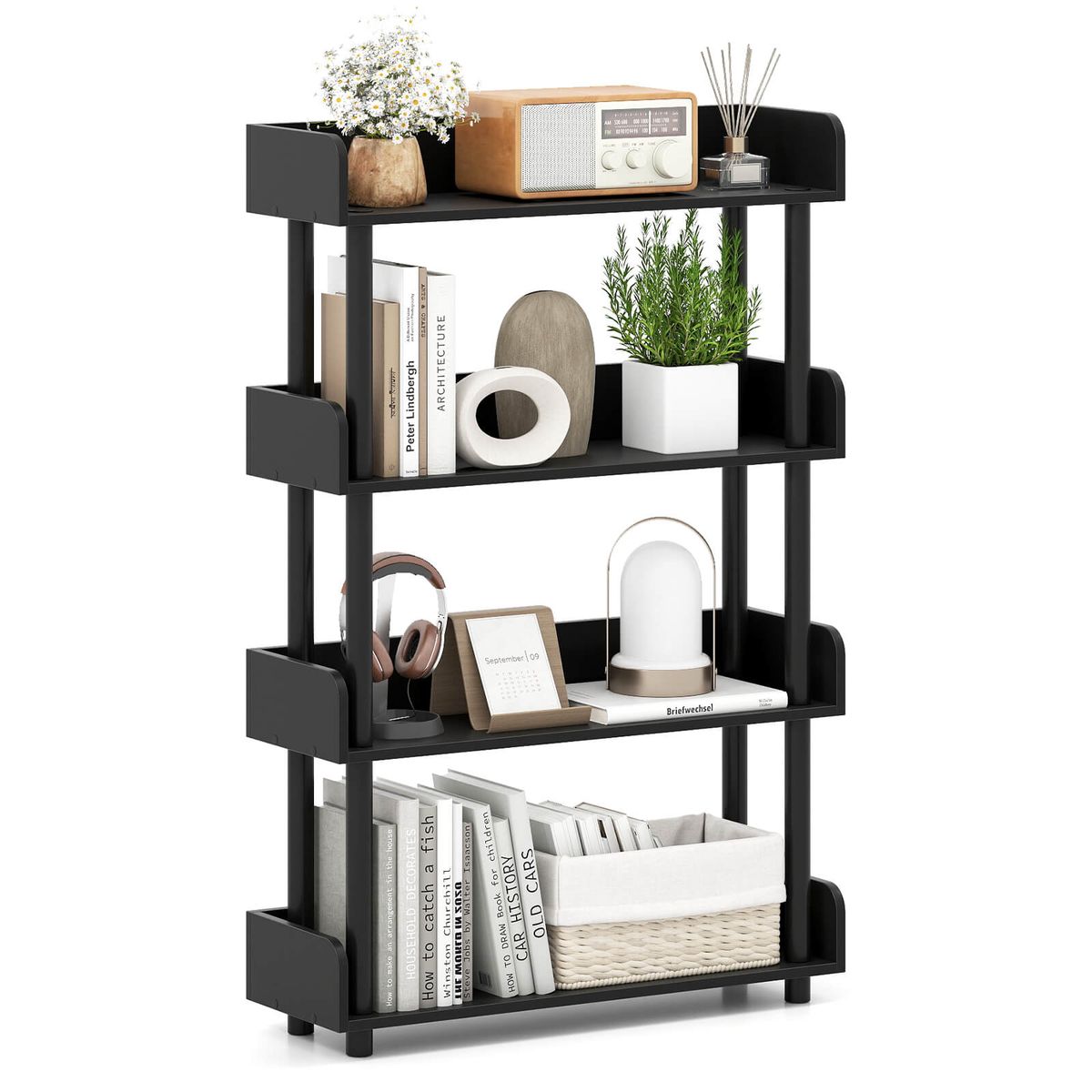 4-Tier Bookshelf with Anti-Tipping Kit  - Black-1-Piece