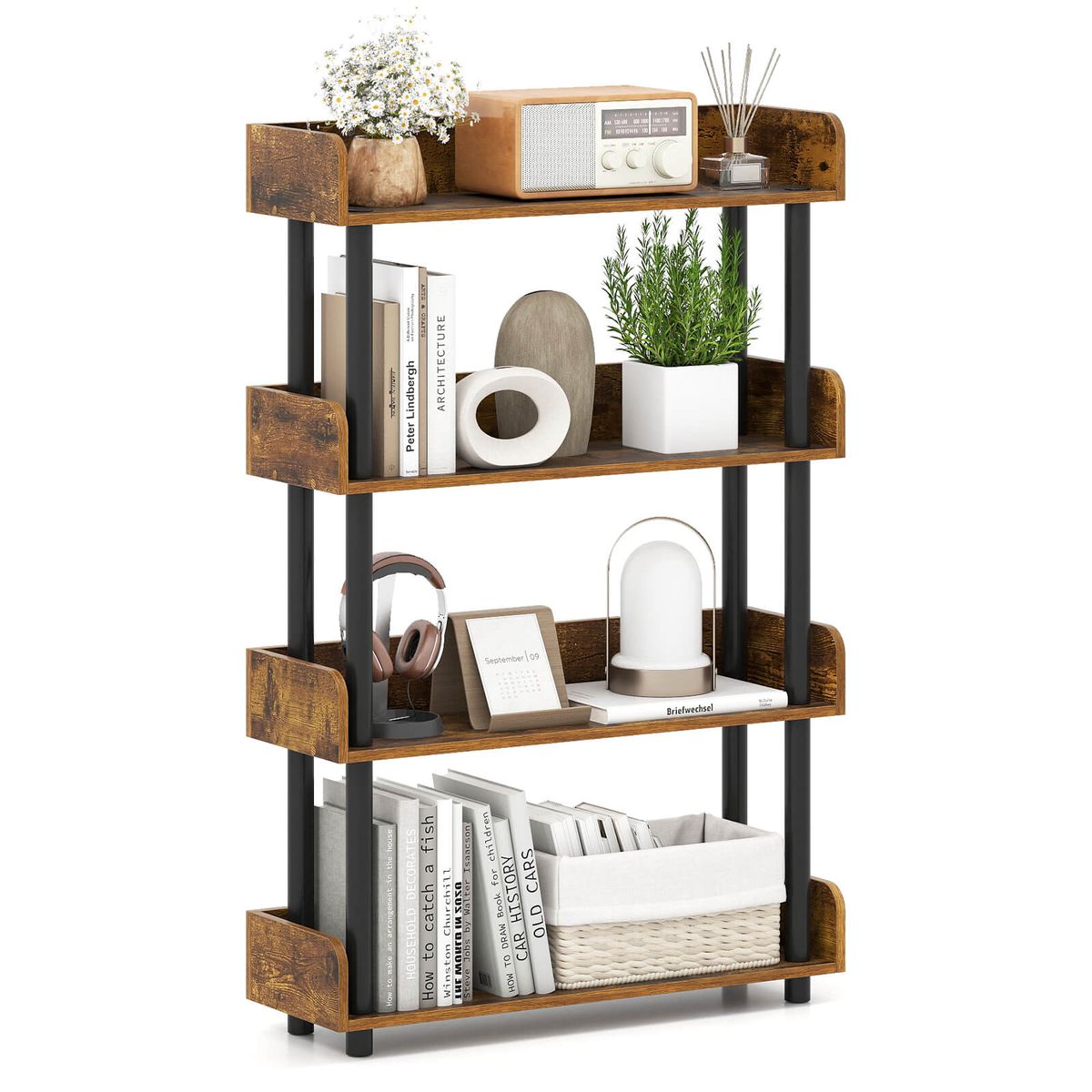 4-Tier Bookshelf with Anti-Tipping Kit - Brown- 1-Piece