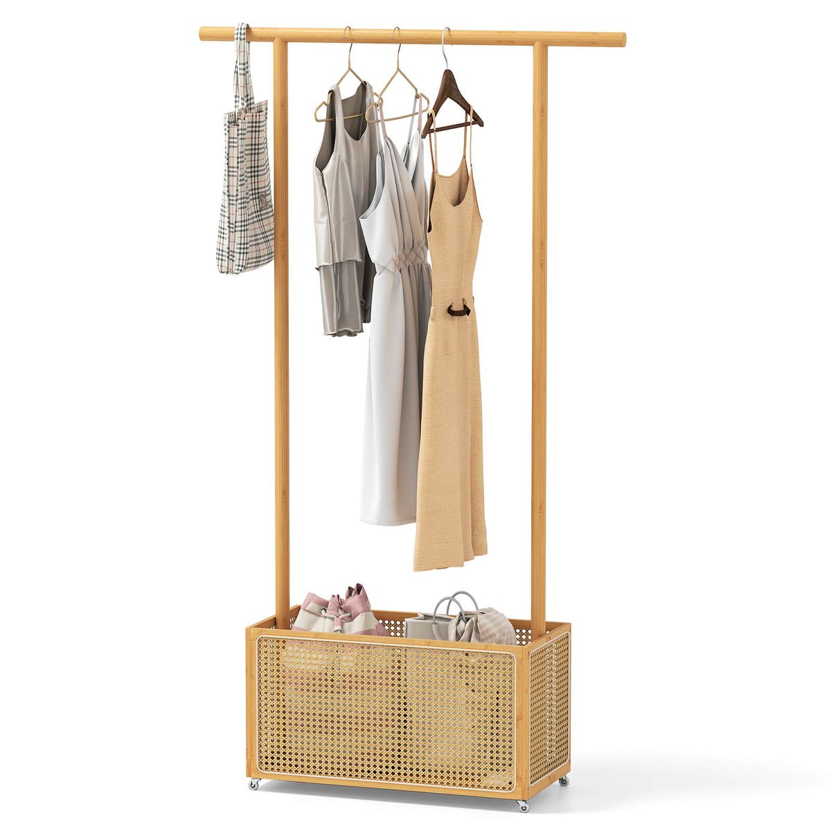 Bamboo Rolling Clothes Rack with Rattan Storage Basket - Beige
