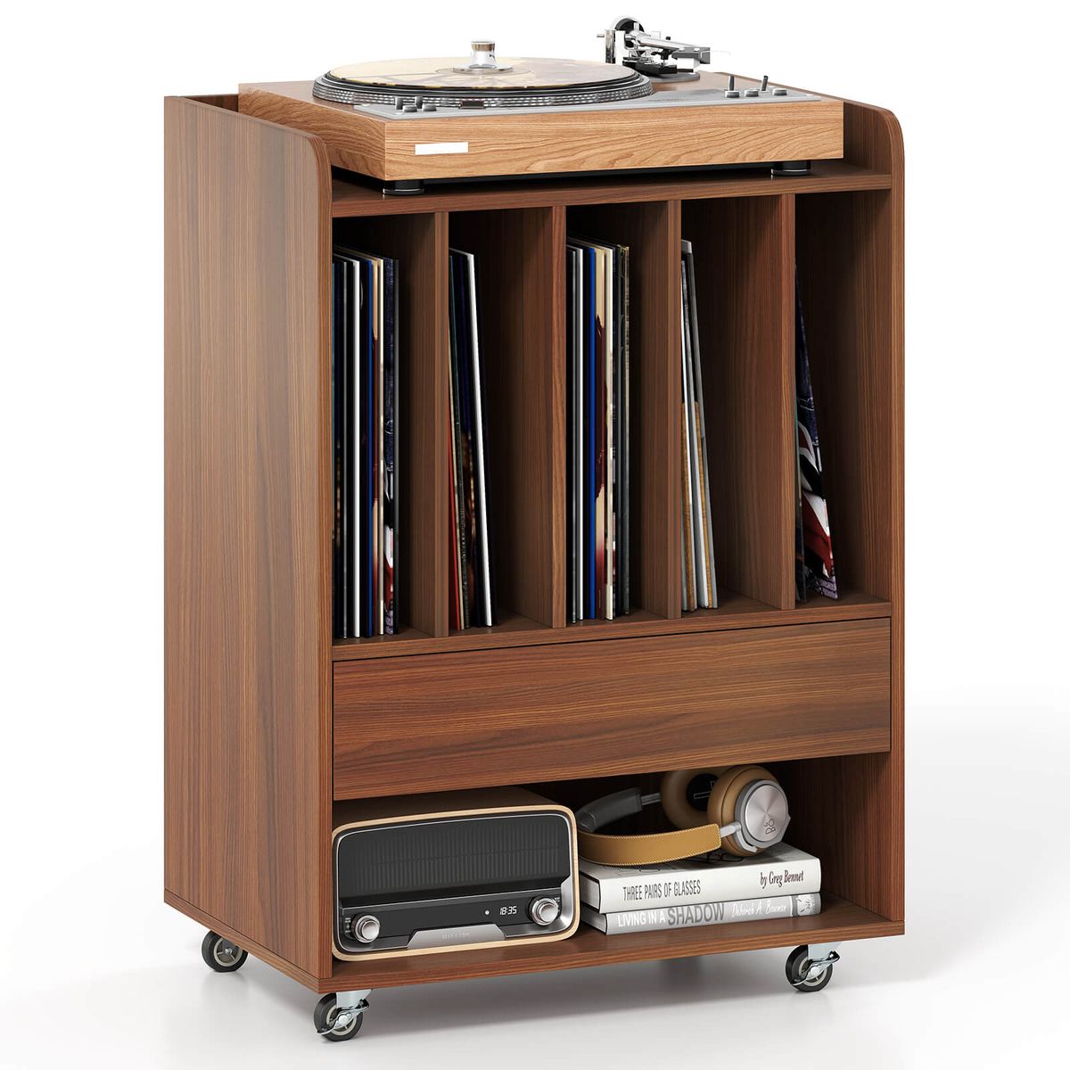 Record Player Stand with Drawer and Record Holder - Brown