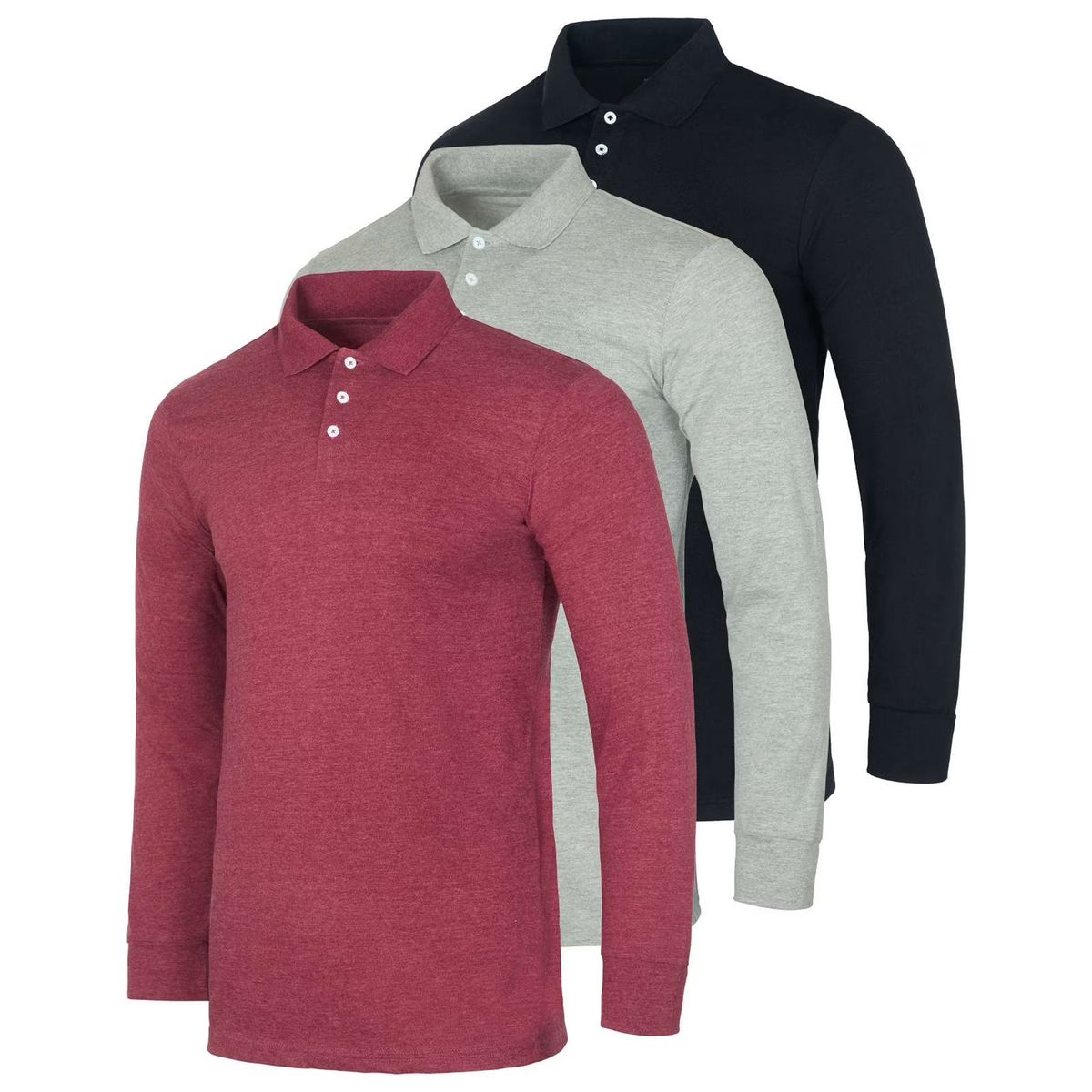 Men's Cotton Jersey Long-Sleeve Polo Shirt (3-Pack) - Burgundy/Grey/Black - Large
