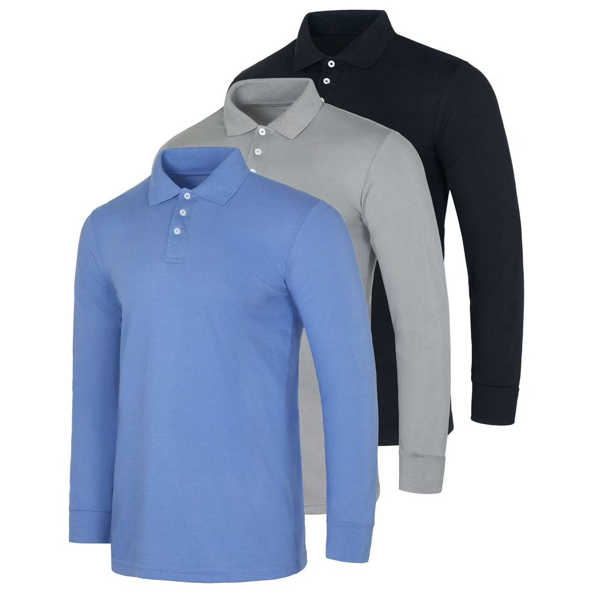 Men's Cotton Jersey Long-Sleeve Polo Shirt (3-Pack) - Blue/Grey/Black- Small