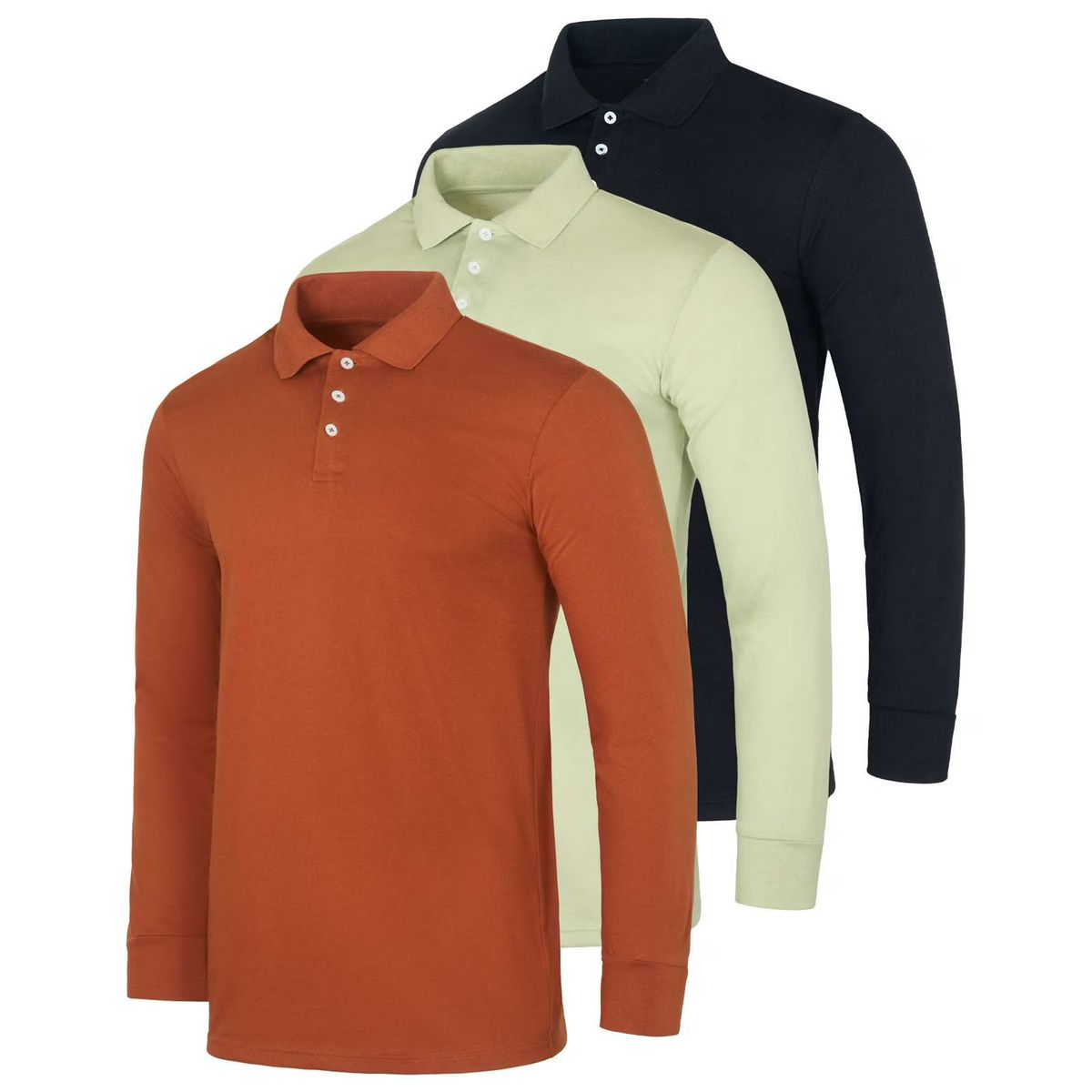 Men's Cotton Jersey Long-Sleeve Polo Shirt (3-Pack) - Orange/L.Sage /Black - Large